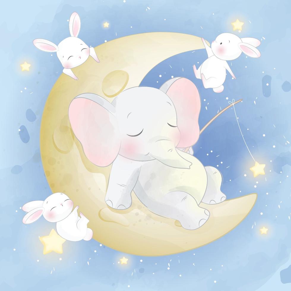 lindo elefante con conejitos en la luna ilustración vector