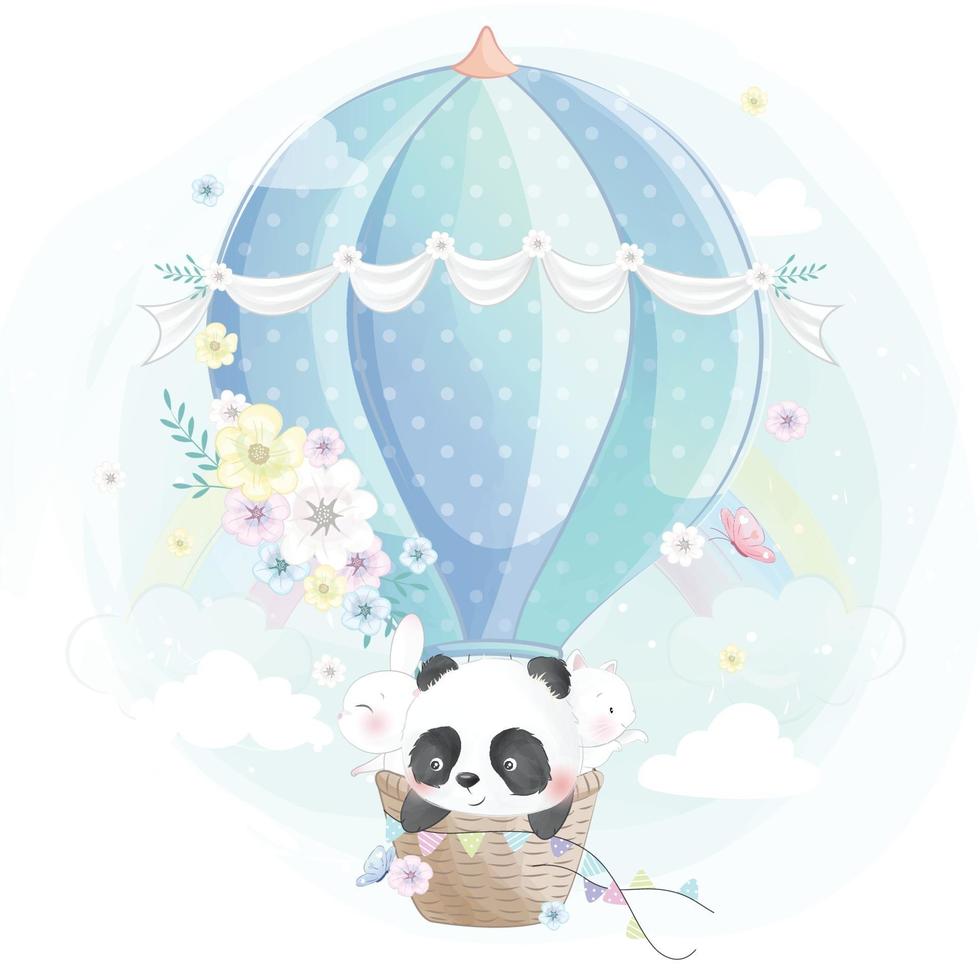 lindo panda volando con ilustración de globo de aire vector