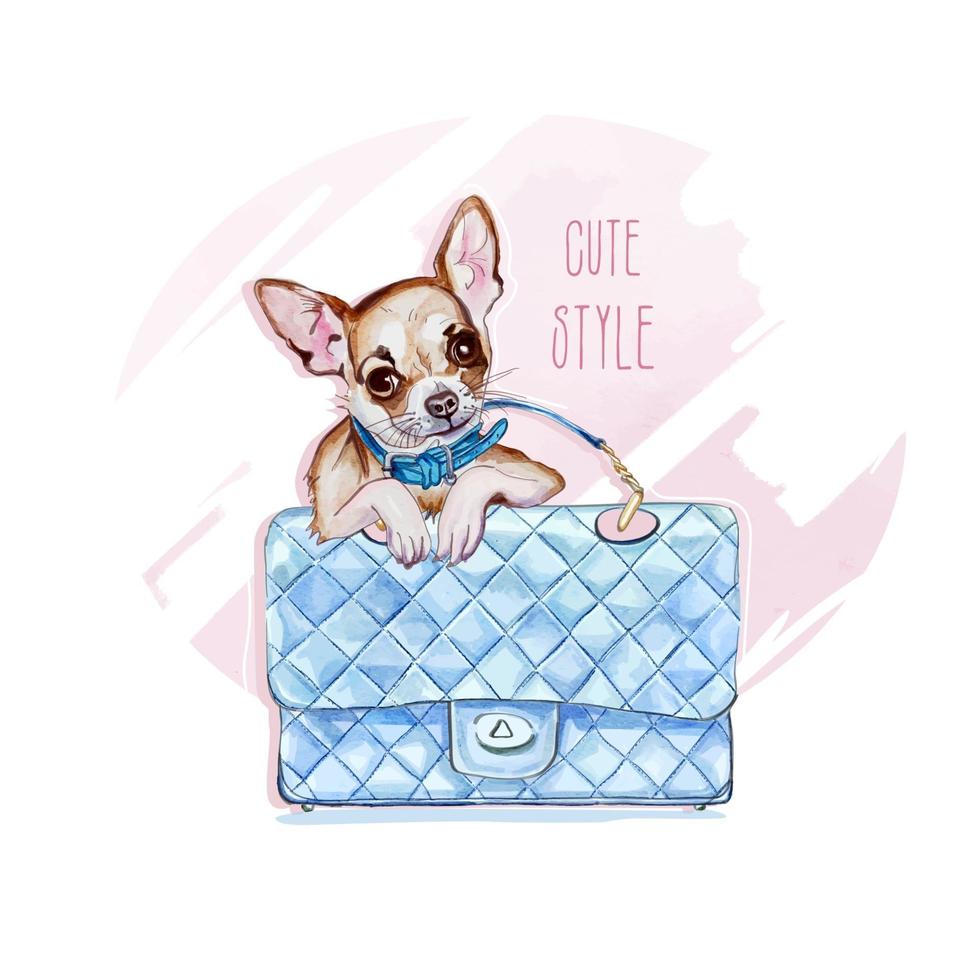 Little chihuahua on the bag. Vector illustration.