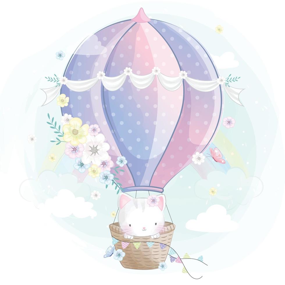 Cute kitty flying with air balloon illustration vector