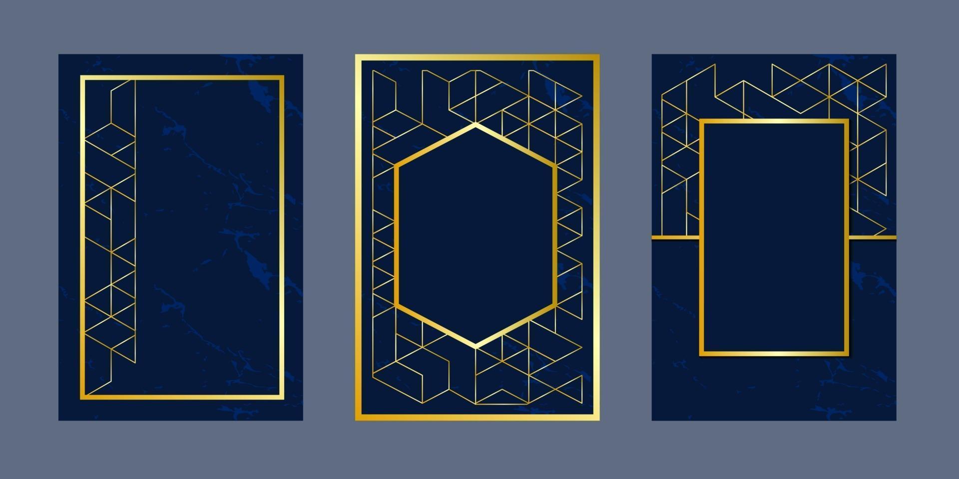 fondo geométrico tarjetas de invitación azul lujo oro línea patrón vector plantilla de diseño