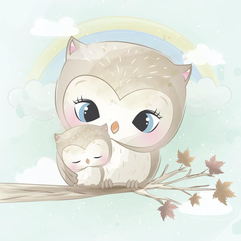 Cute owl mother and baby illustration vector