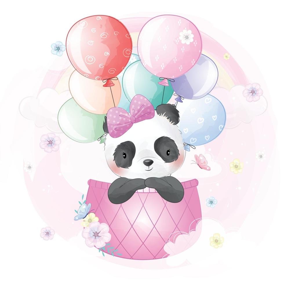Cute panda flying with air balloon illustration vector