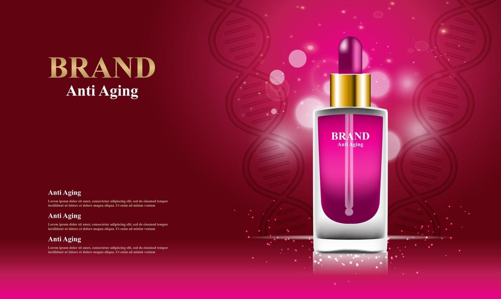 Anti aging serum cosmetics with bokeh and 3d packaging vector illustration