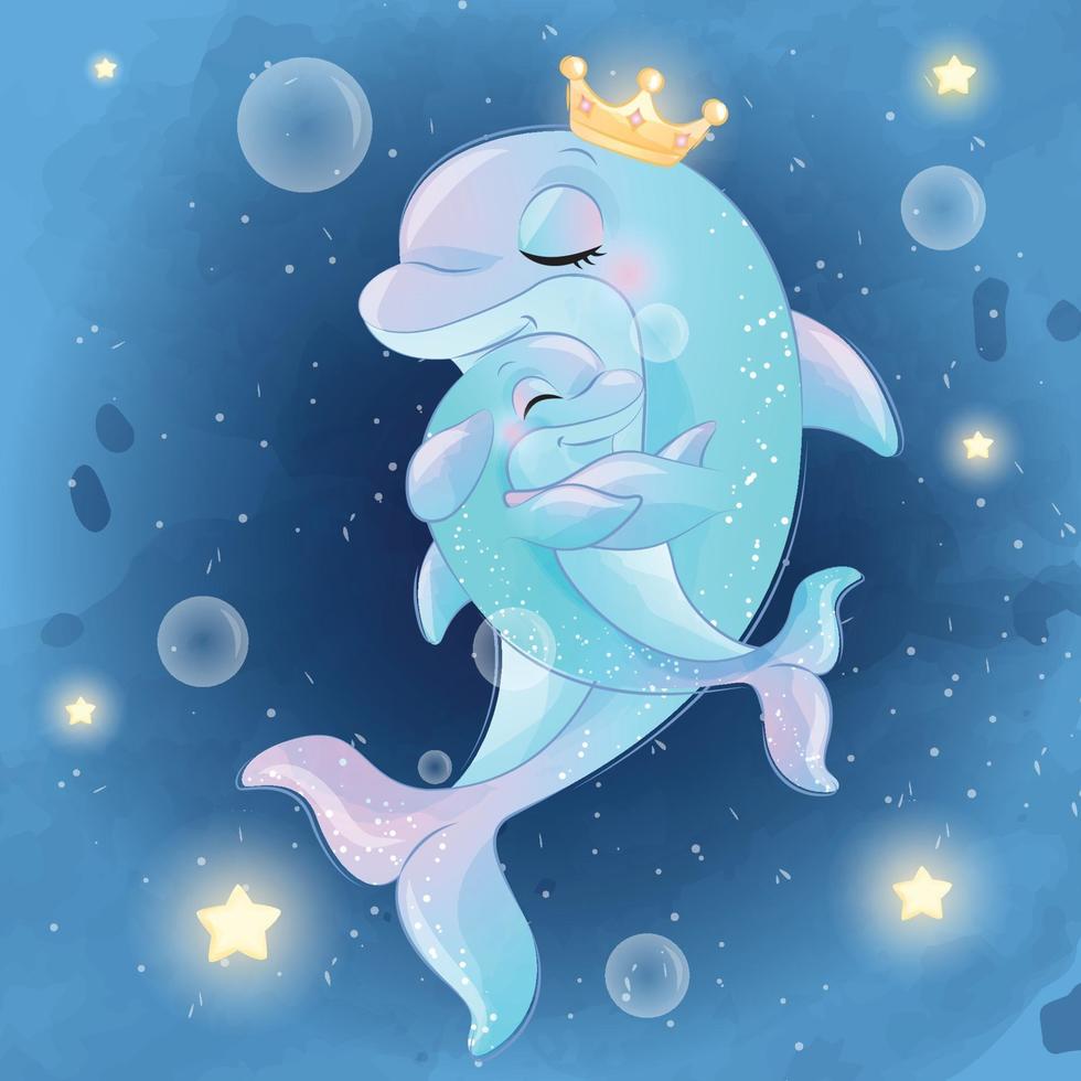 Cute dolphin mother and baby illustration vector