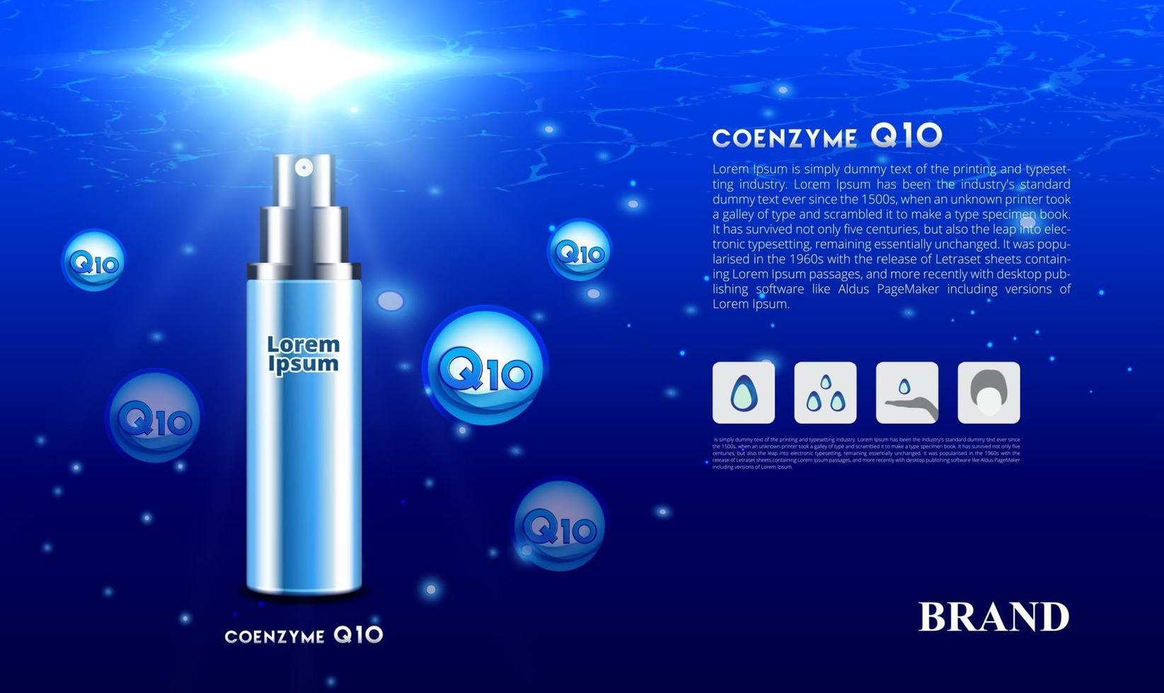 Cosmetic skin care spray serum coenzyme q10 under blue ocean background concept with sunlight 3d Packaging brand design vector illustration