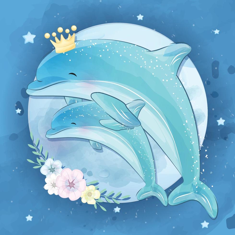 Cute dolphin mother and baby illustration vector