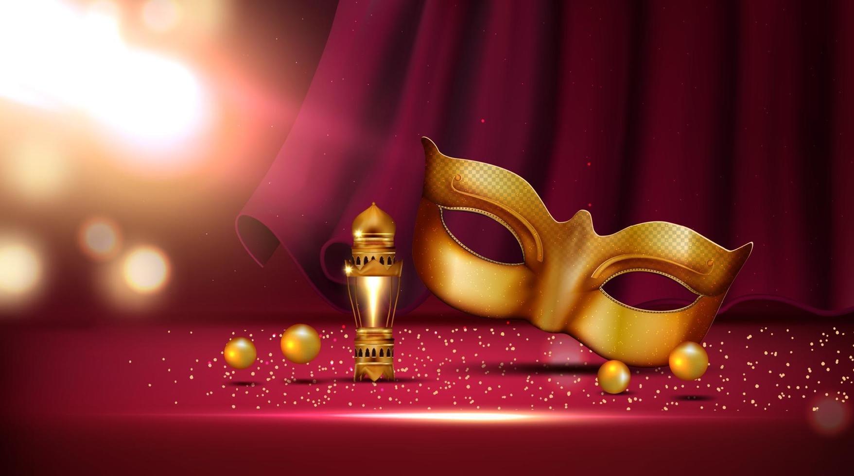 lantern and golden mask at mardi gras parade banner vector