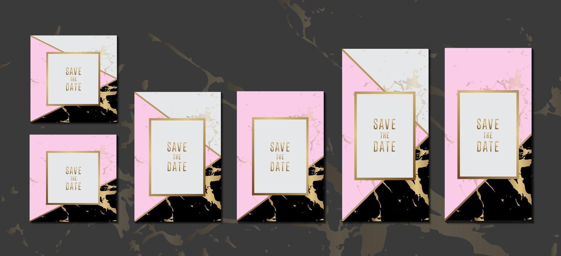 tarjetas de invitación de boda colección de fondo de textura de mármol rosa negro con marco dorado para diseño de vector de mensaje de texto