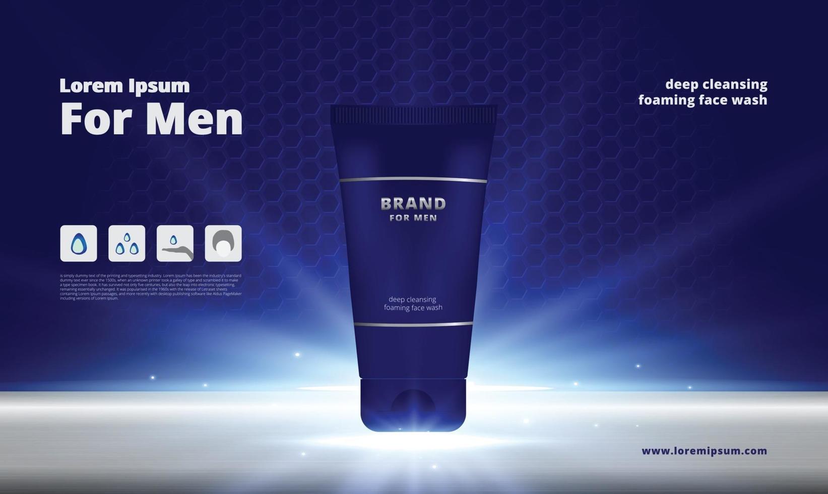 Men facial cleansing foam on metal background and stainless steel with 3d packaging vector illustration