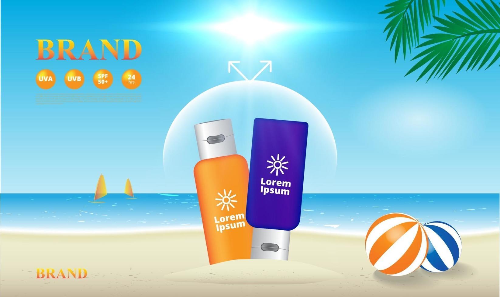 Sunscreen uv protection on the beach background 3d packaging vector illustration