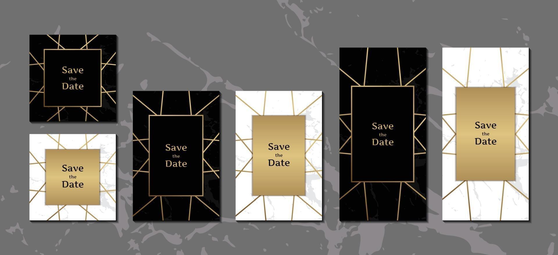 elegantes tarjetas de invitación de boda colección de fondo de mármol blanco y negro con ilustración de vector de marco geométrico dorado