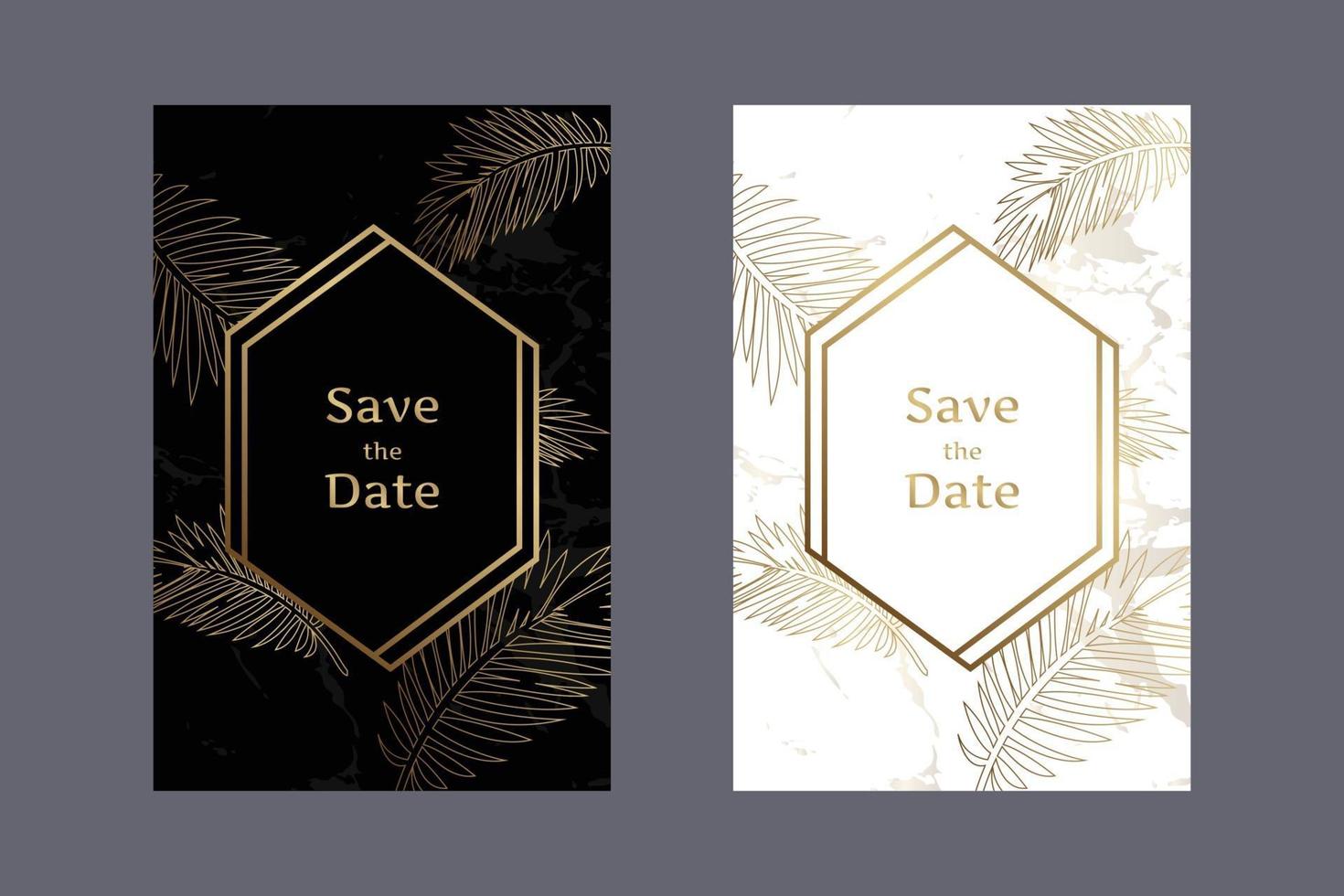 elegantes tarjetas de invitación de boda fondo blanco y negro patrón de mármol con hojas de oro y marcos geométricos plantilla de diseño vectorial vector