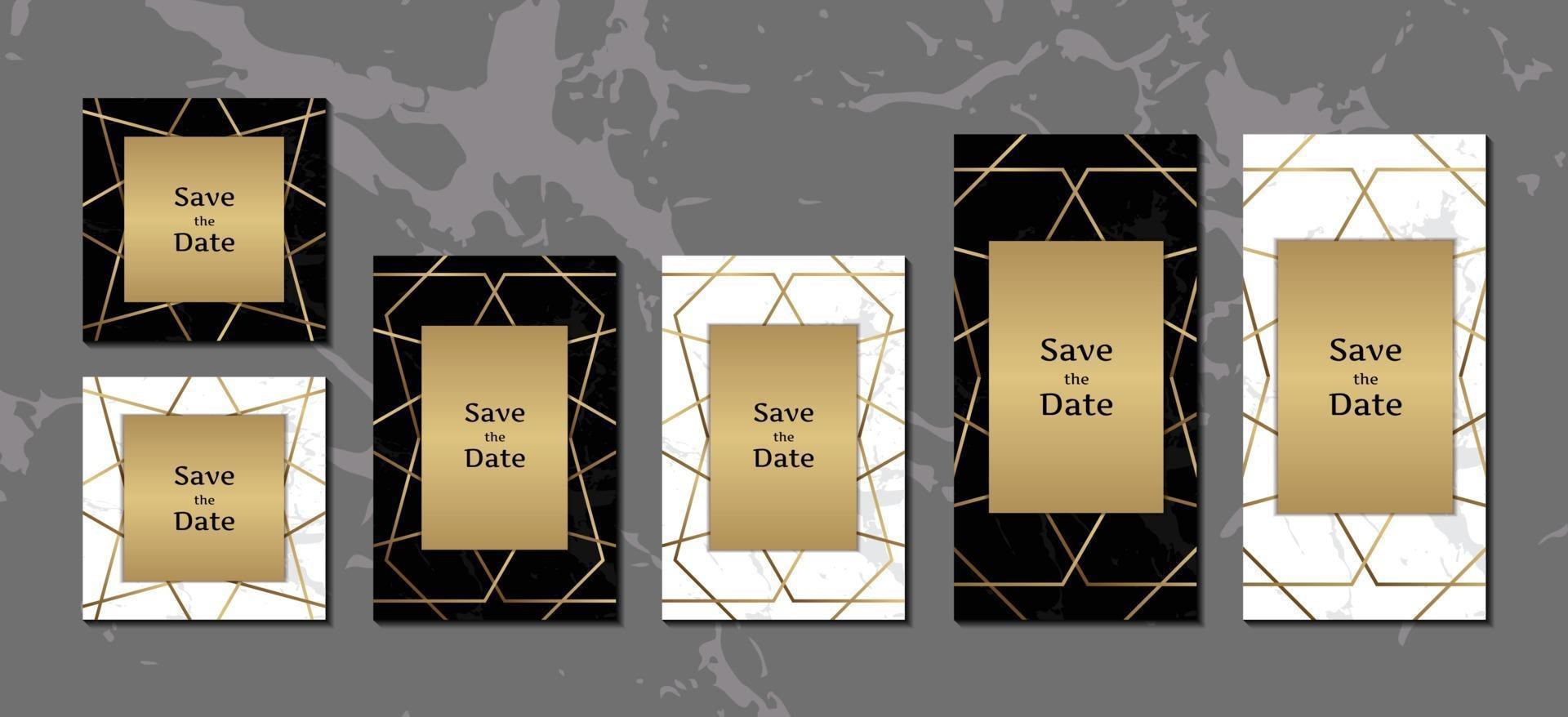 Tarjetas de invitación elegantes colección de fondo de mármol blanco y negro con ilustración de vector de marco geométrico dorado