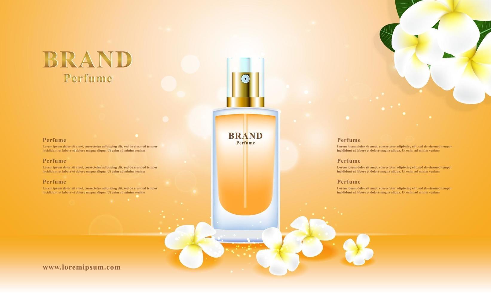 Concepto de flores de perfume cosmético de lujo con paquete 3d y ilustración de vector de fondo de brillo bokeh