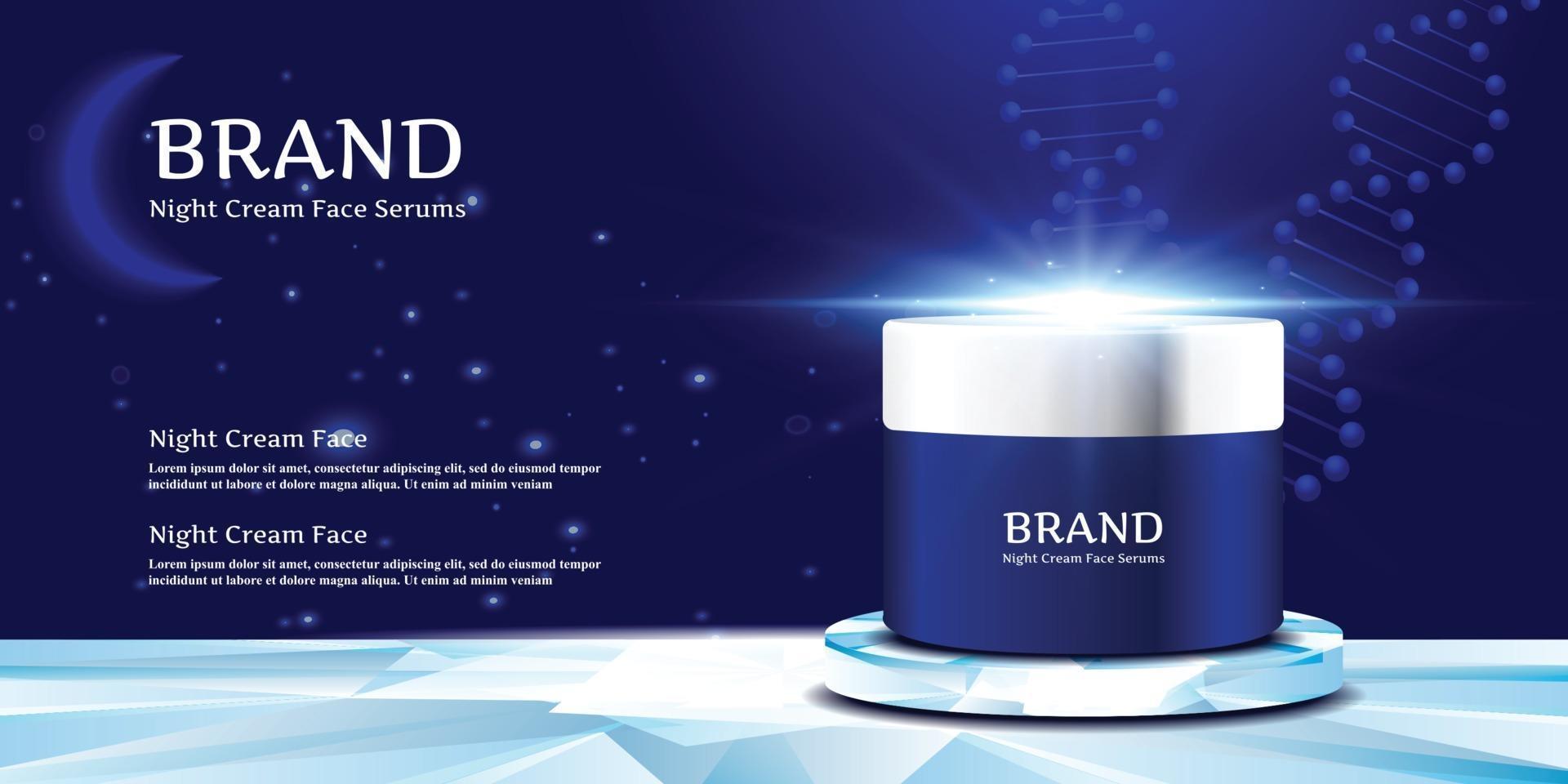 Cosmetic cream jar on the elegant stand with the night sky and moon background vector illustration