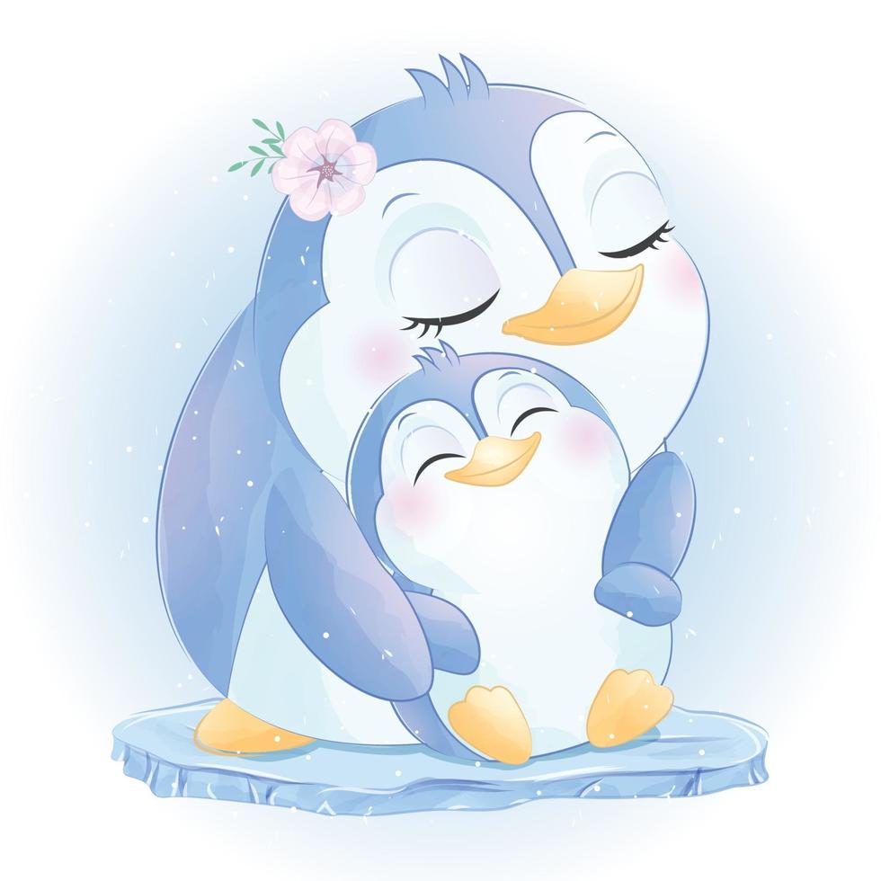 Cute penguin mother and baby illustration vector