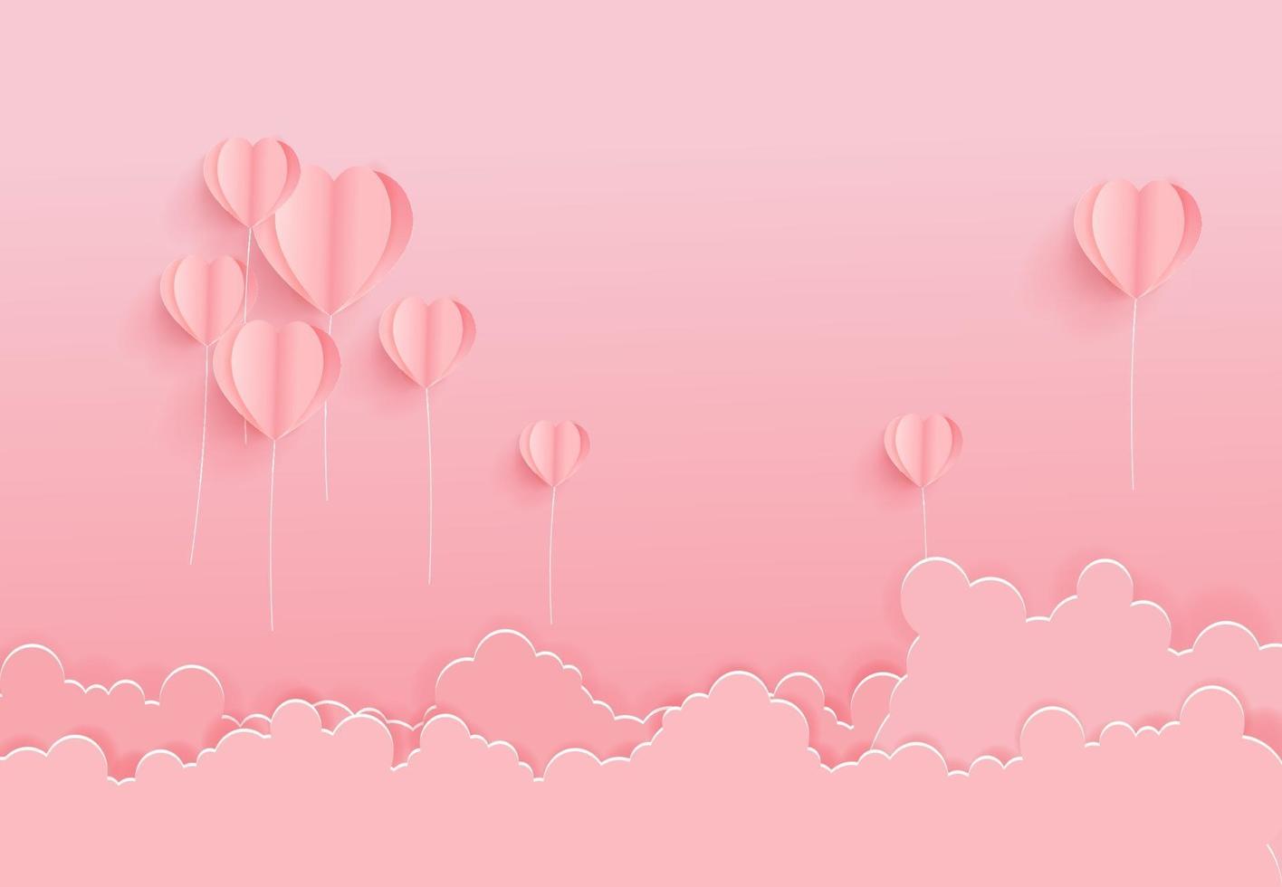 Concept of valentine day with paper art made hot air balloon heart shape float over on cloud. vector