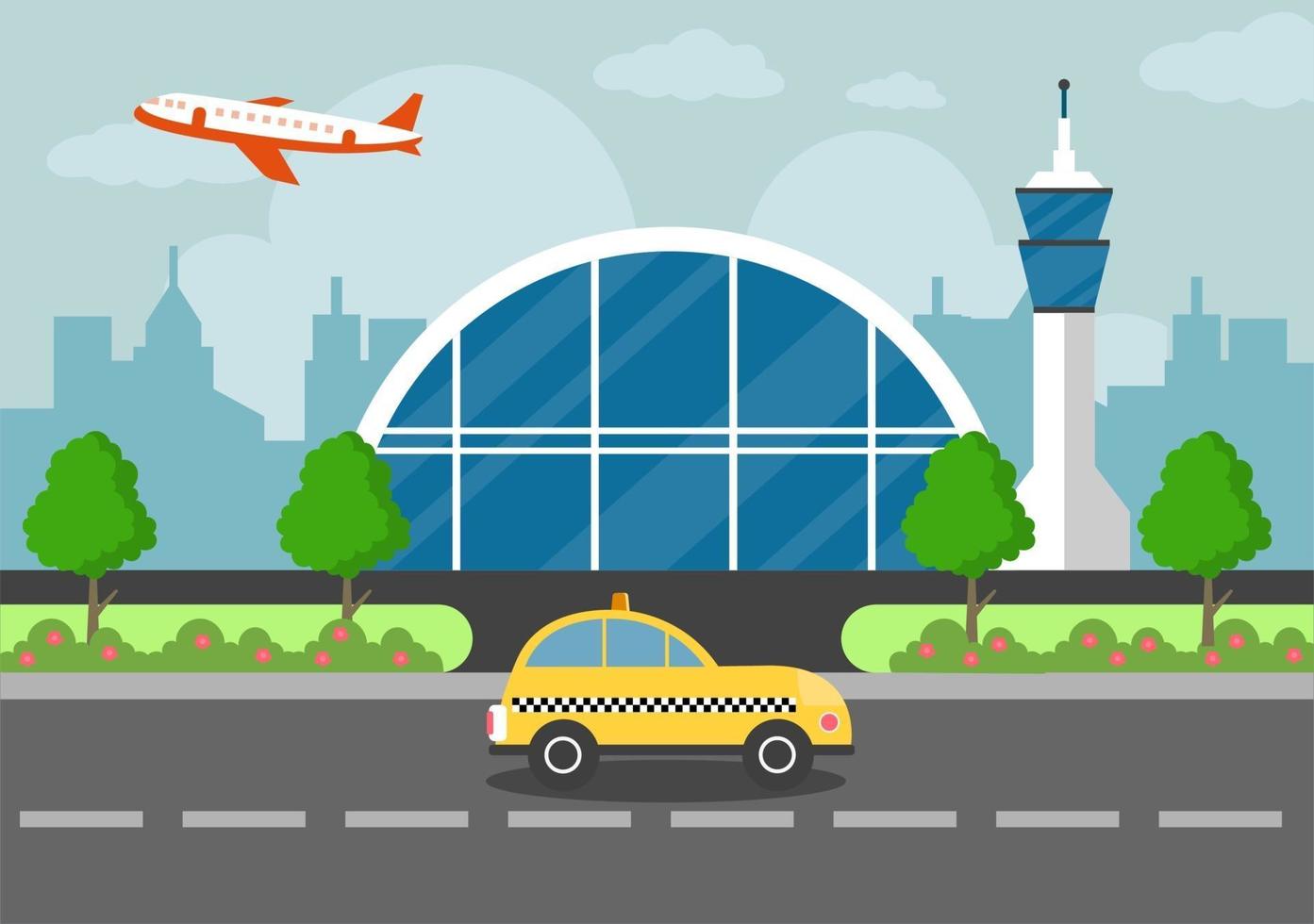 Airport Terminal Building with Aircraft Taking off and Different Transport Types Elements Templates Vector Illustration