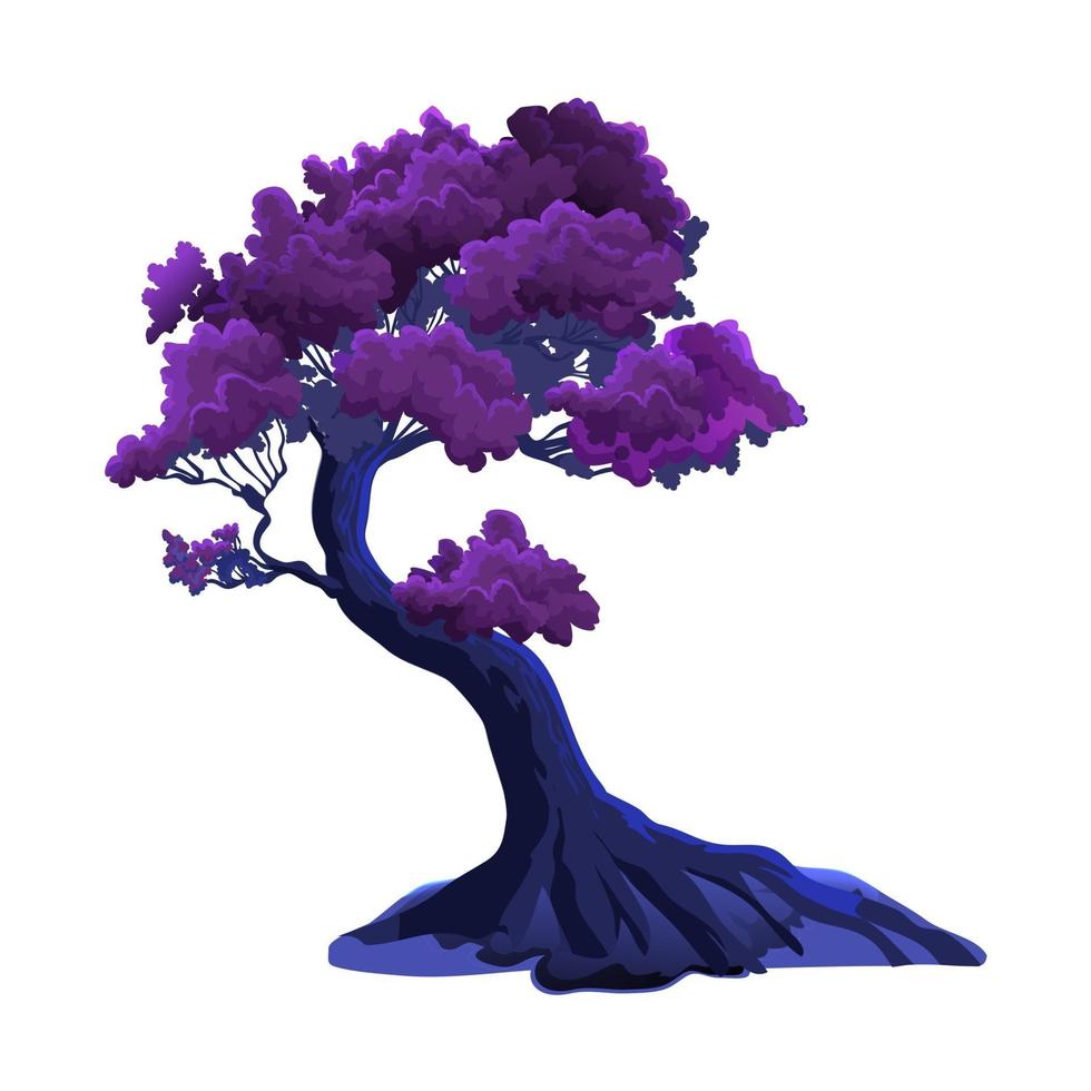 Ilustración con árbol de fantasía curva púrpura aislado sobre fondo blanco. follaje burdeos o violeta y fabulosos colores nocturnos vector