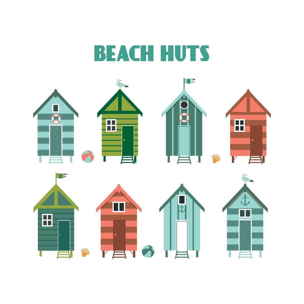 conjunto de coloridas cabañas de playa con gaviotas, banderas. ilustración vectorial. vector