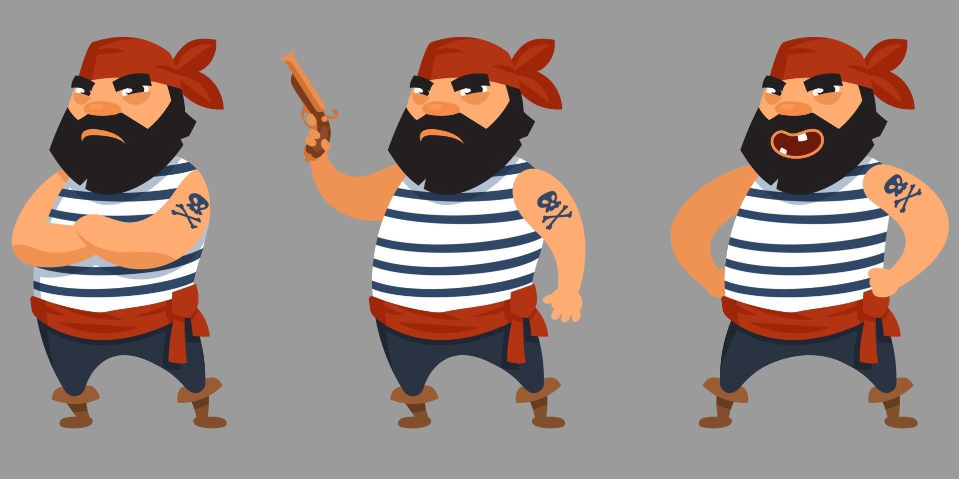 Bearded pirate in different poses. vector