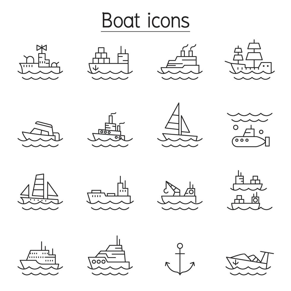 iconos de barco en estilo de línea fina vector