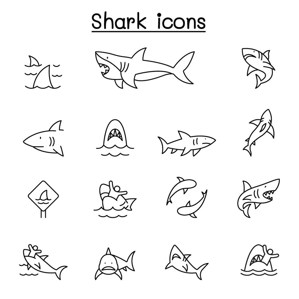 Shark icon set in thin line style vector