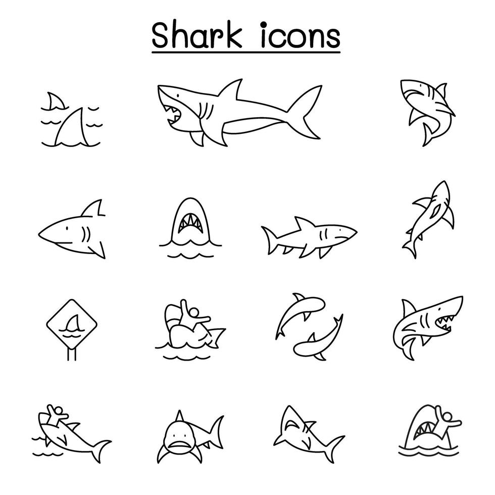 Shark icon set in thin line style vector