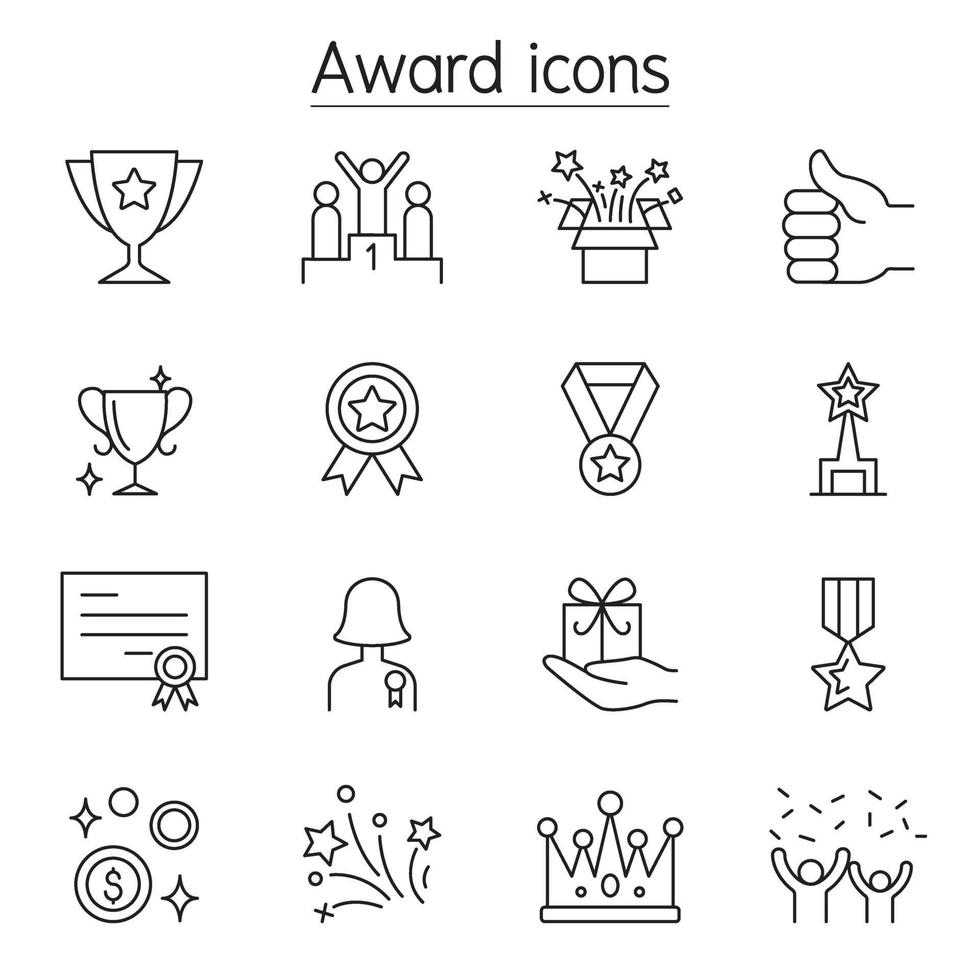 Award, Reward, Trophy icons set in thin line style vector