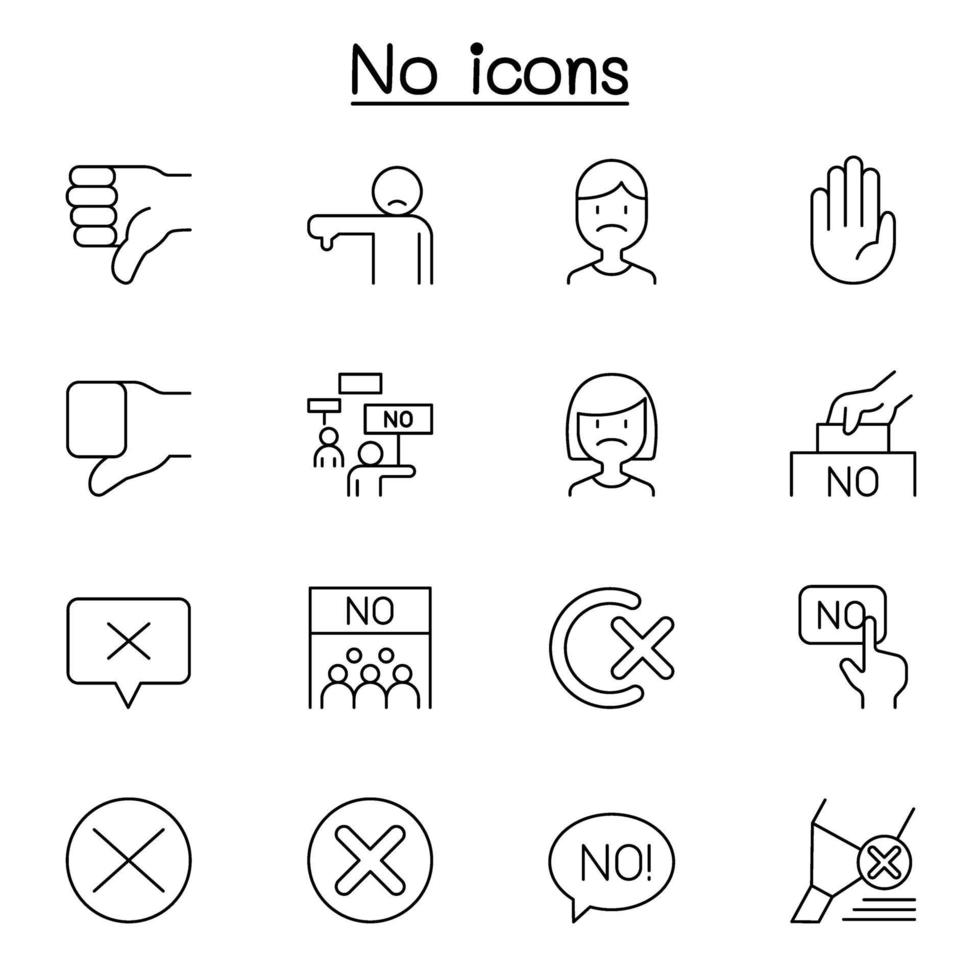 no, desaprobar y rechazar conjunto de iconos en estilo de línea fina vector