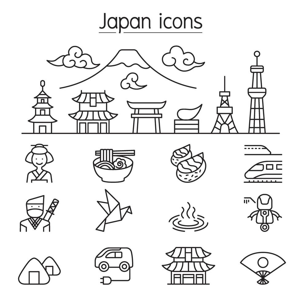 iconos japoneses en estilo de línea fina vector