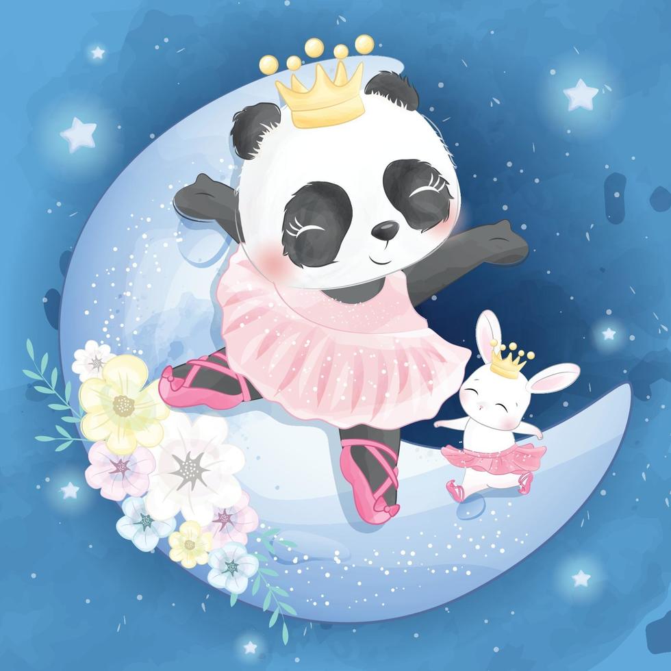 Cute panda with bunny on the moon illustration vector