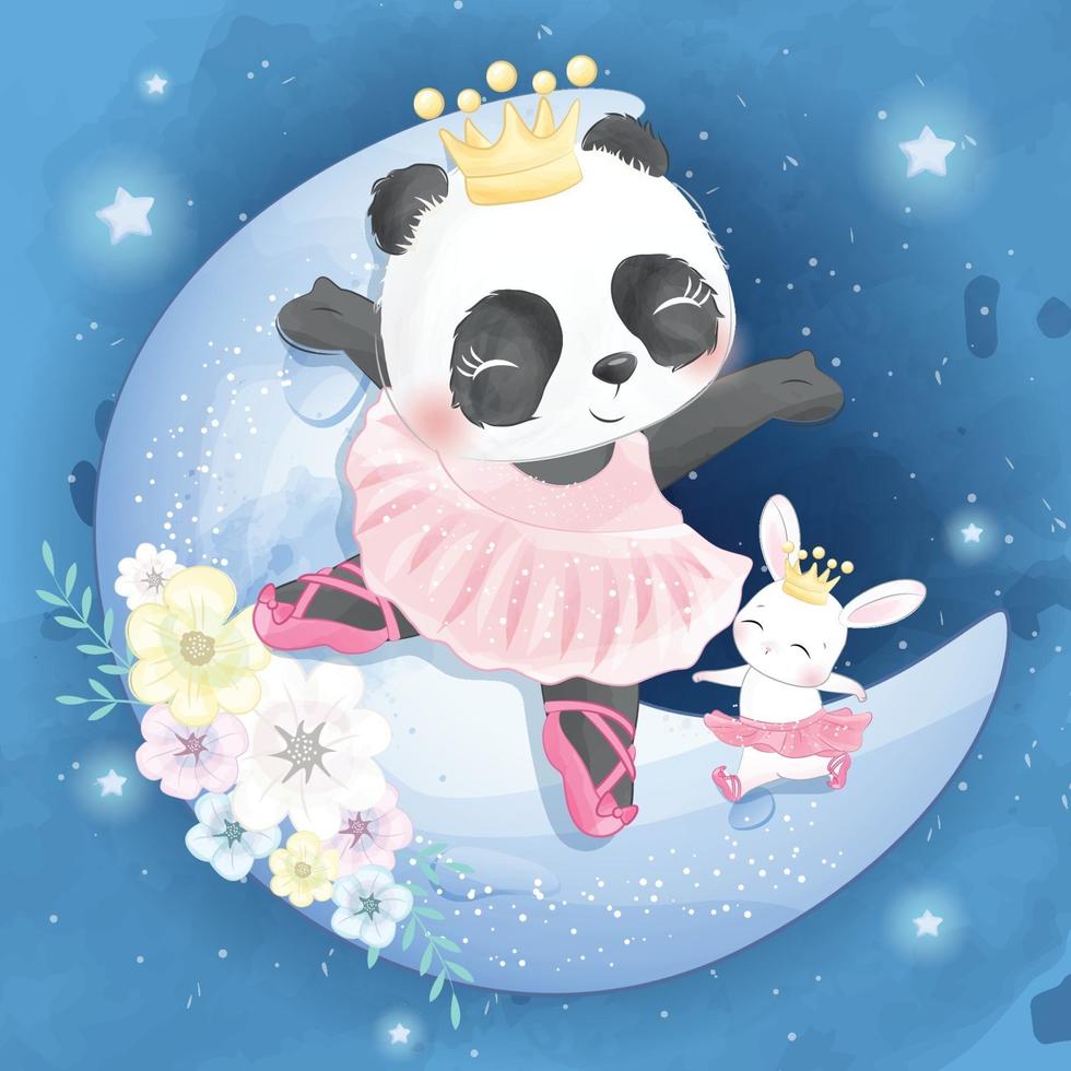 lindo panda con conejito en la luna ilustración vector