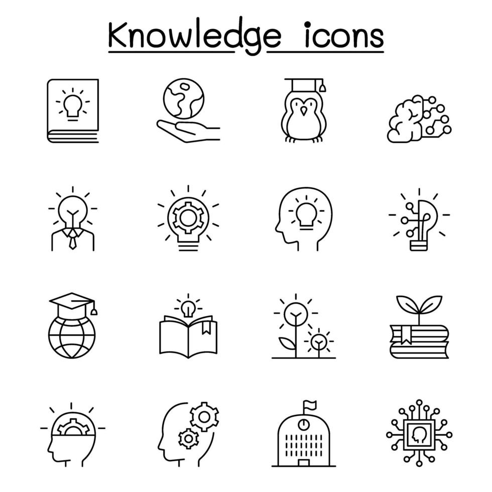 Knowledge, wisdom, creativity, idea icon set in thin line style vector