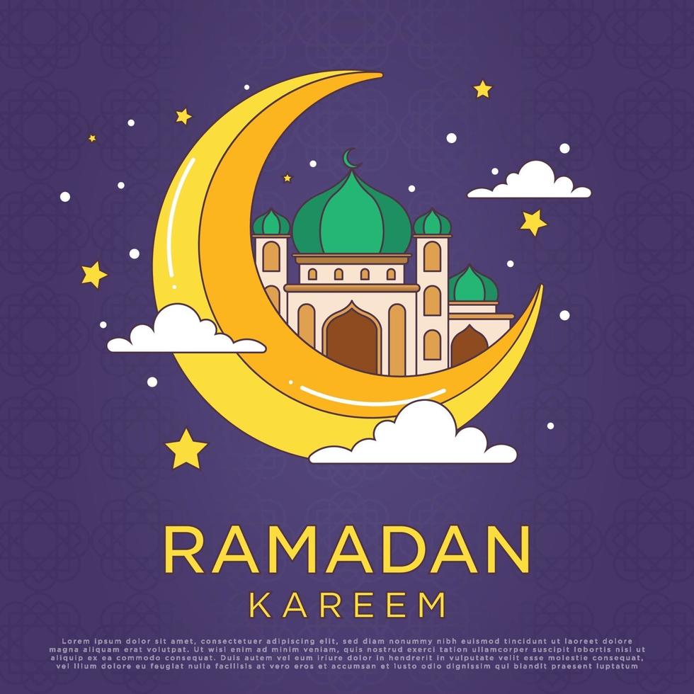 Simple monoline cartoon ramadan kareem ornament with bright color vector illustration. mosque and month drawn line simple. background eid mubarak