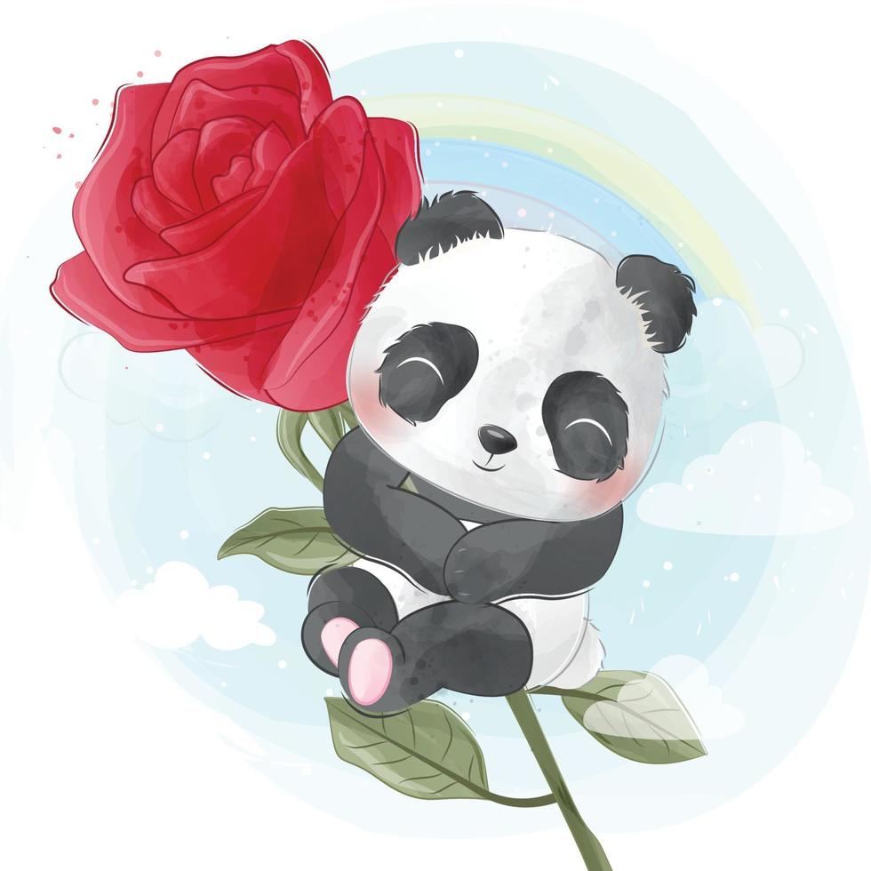 Cute panda sitting on a rose illustration vector
