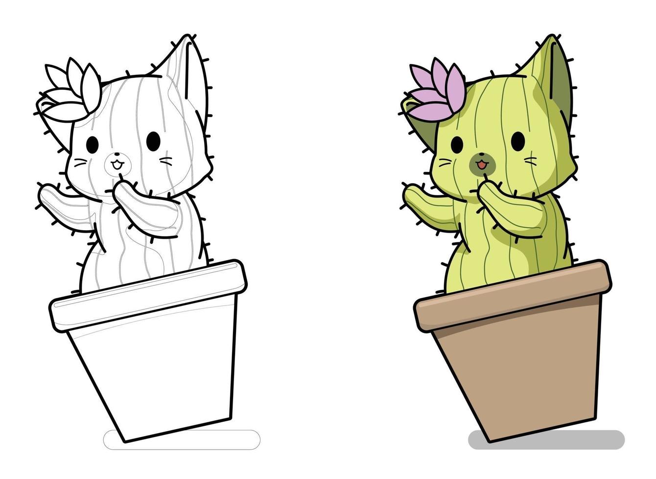 Página para colorear de dibujos animados de personaje de gato cactus para niños vector