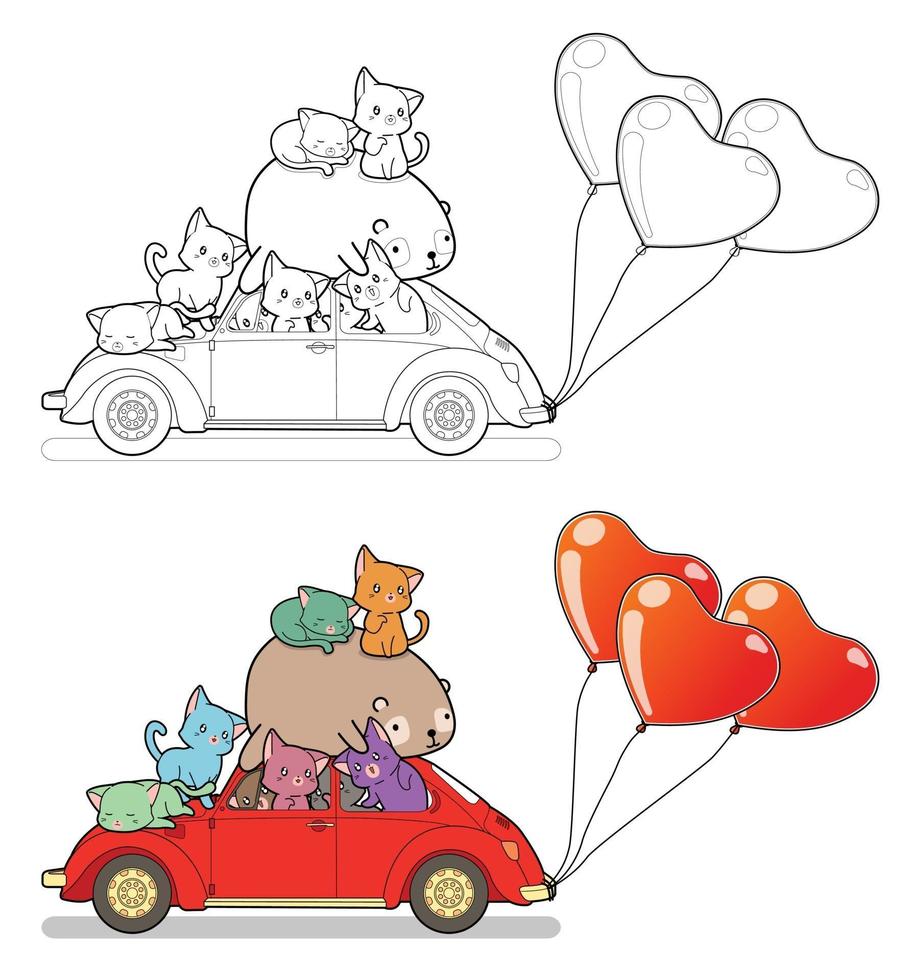 muchos gatos y osos con dibujos animados de globos de coche y corazón página para colorear fácilmente para niños vector