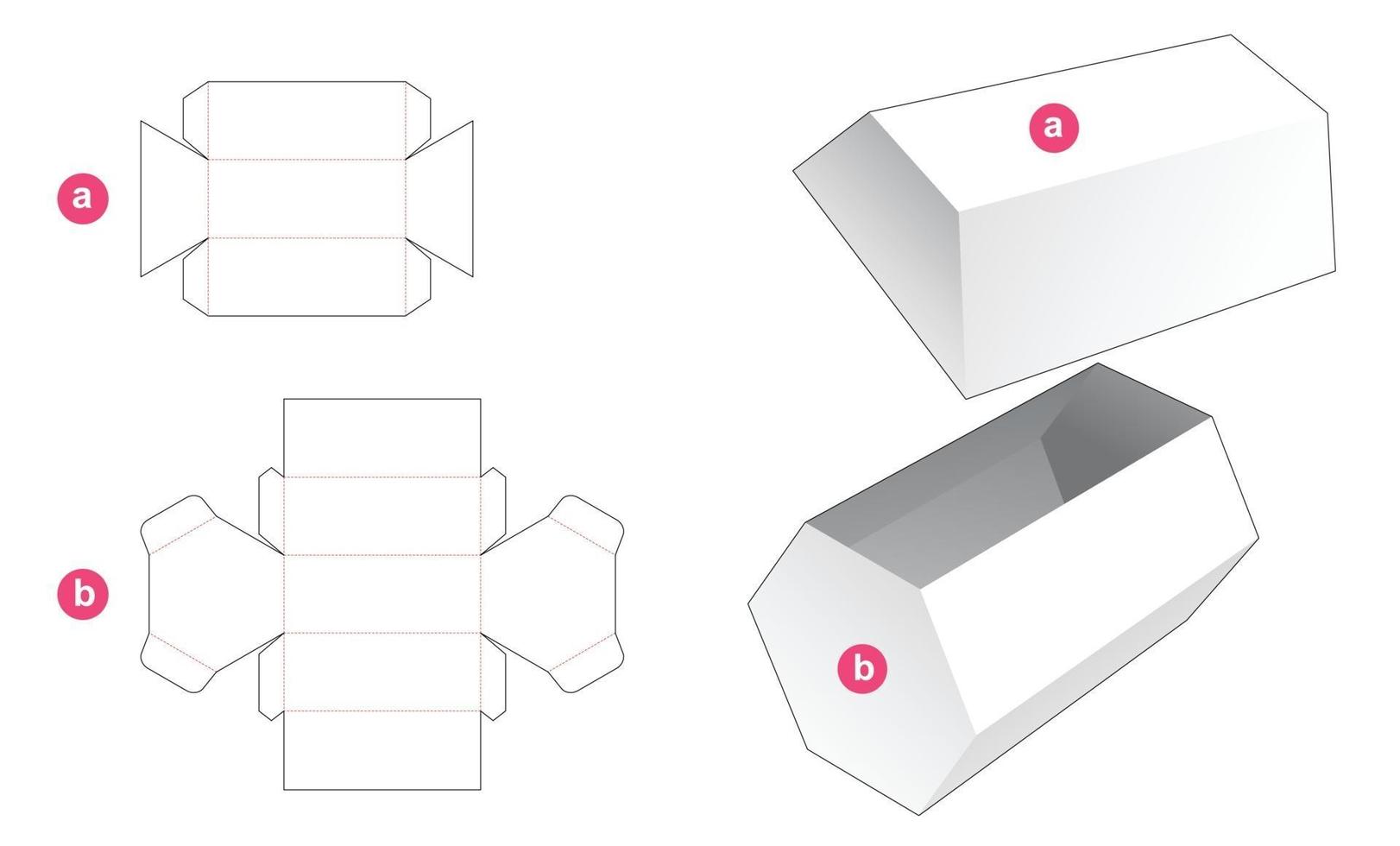 Long hexagonal gift box and lid die cut template vector