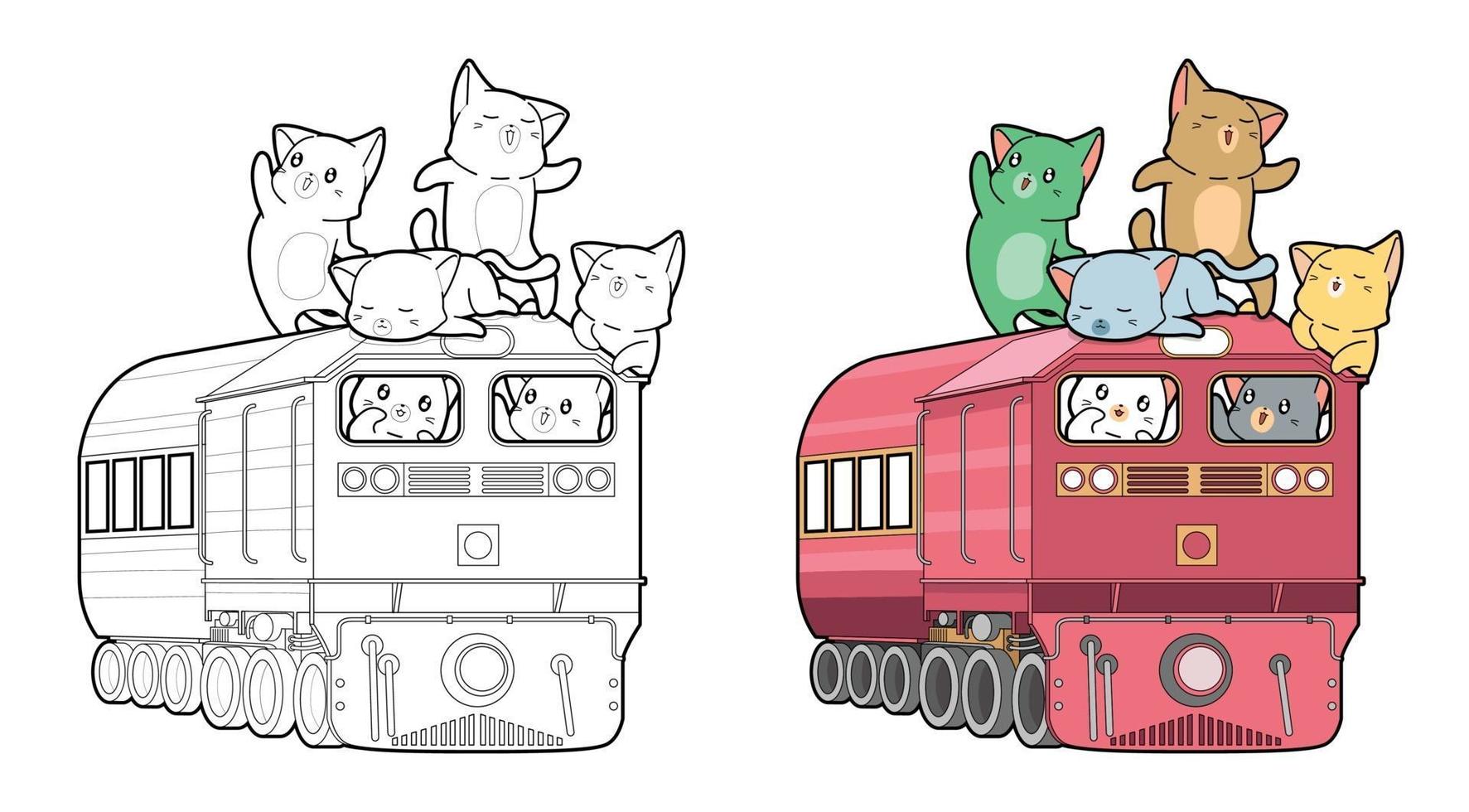 Cats on the locomotive cartoon coloring page for kids vector