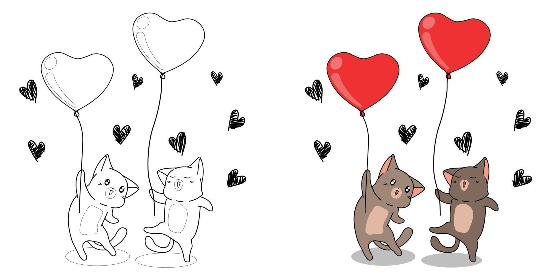 los gatos están sosteniendo globos de corazón página para colorear de dibujos animados para niños vector