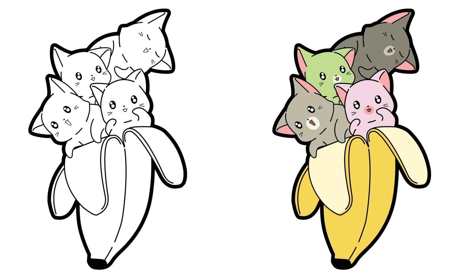 Kawaii cats in banana cartoon coloring page for kids vector