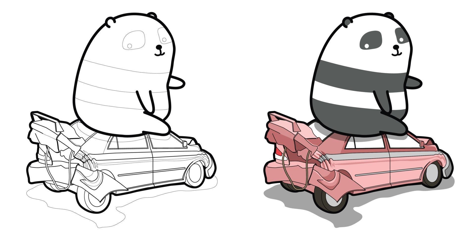 Giant panda and broken car cartoon coloring page for kids vector