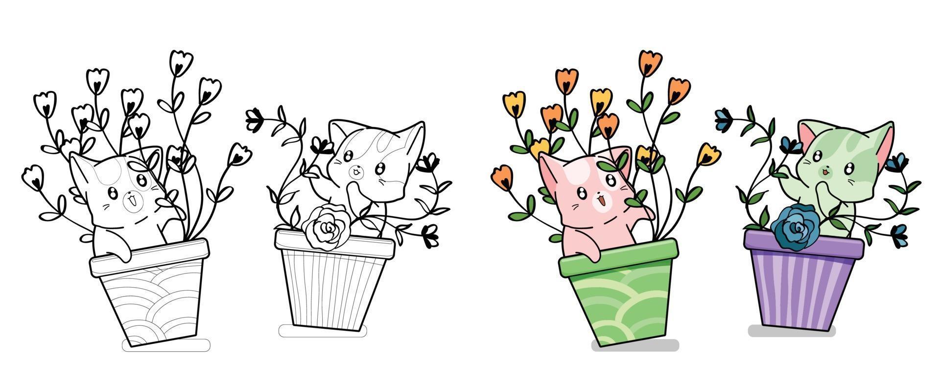 Lindos gatos con flores página para colorear de dibujos animados para niños vector
