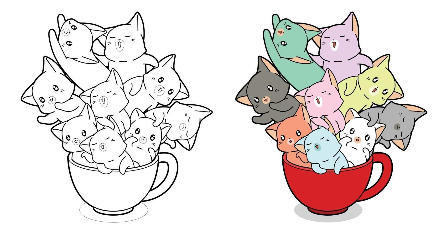 kawaii gatos en taza de café página para colorear de dibujos animados para niños vector