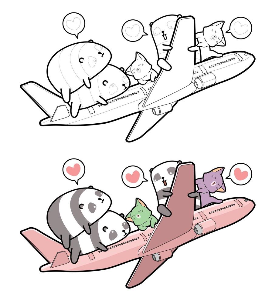 Pandas and cats get on the plane cartoon coloring page for kids vector