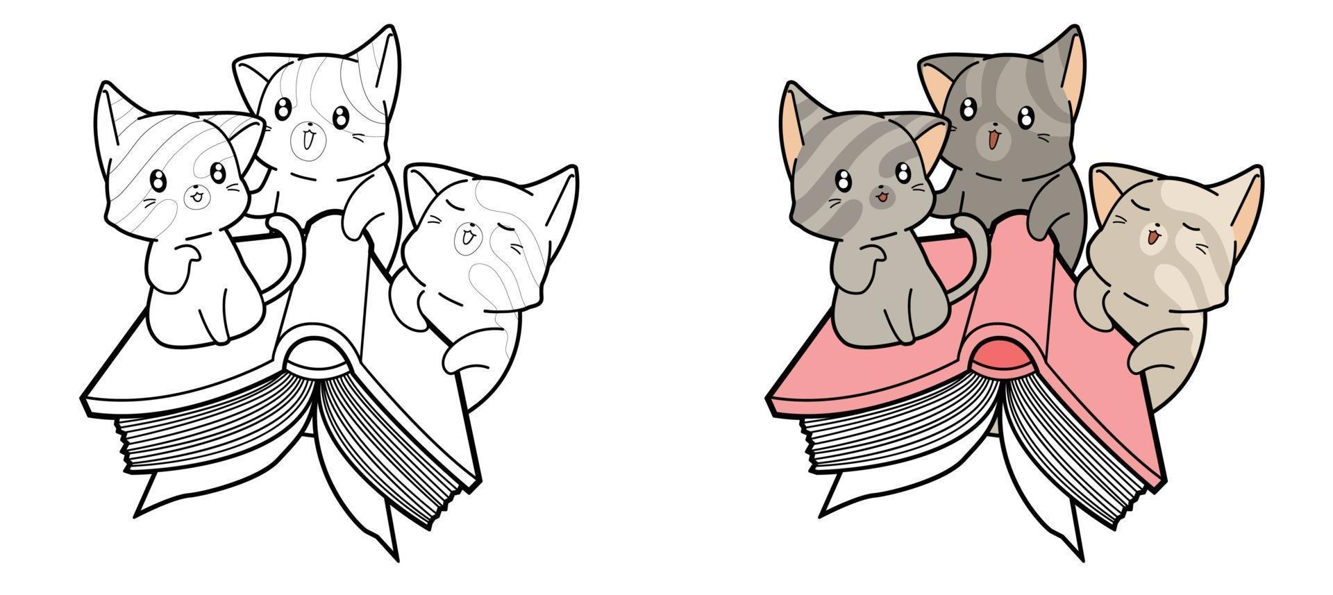 Cute cats are flying with a book coloring page for kids vector