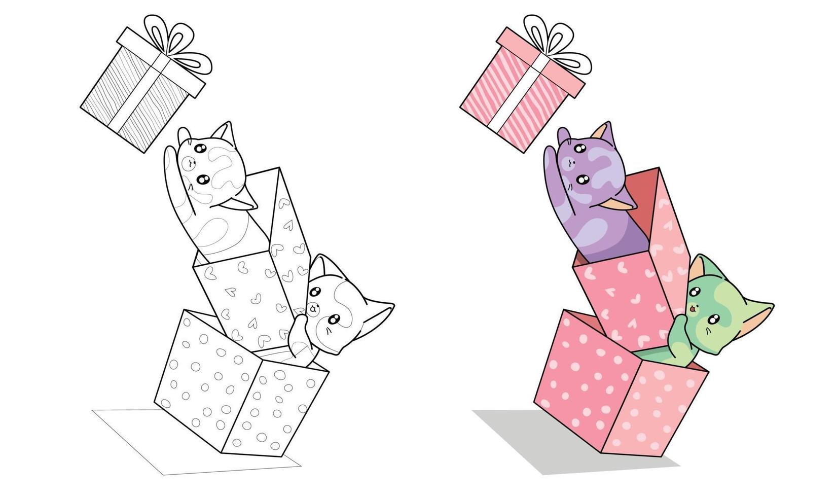 gatos en caja y caja de regalo de dibujos animados página para colorear fácilmente para niños vector