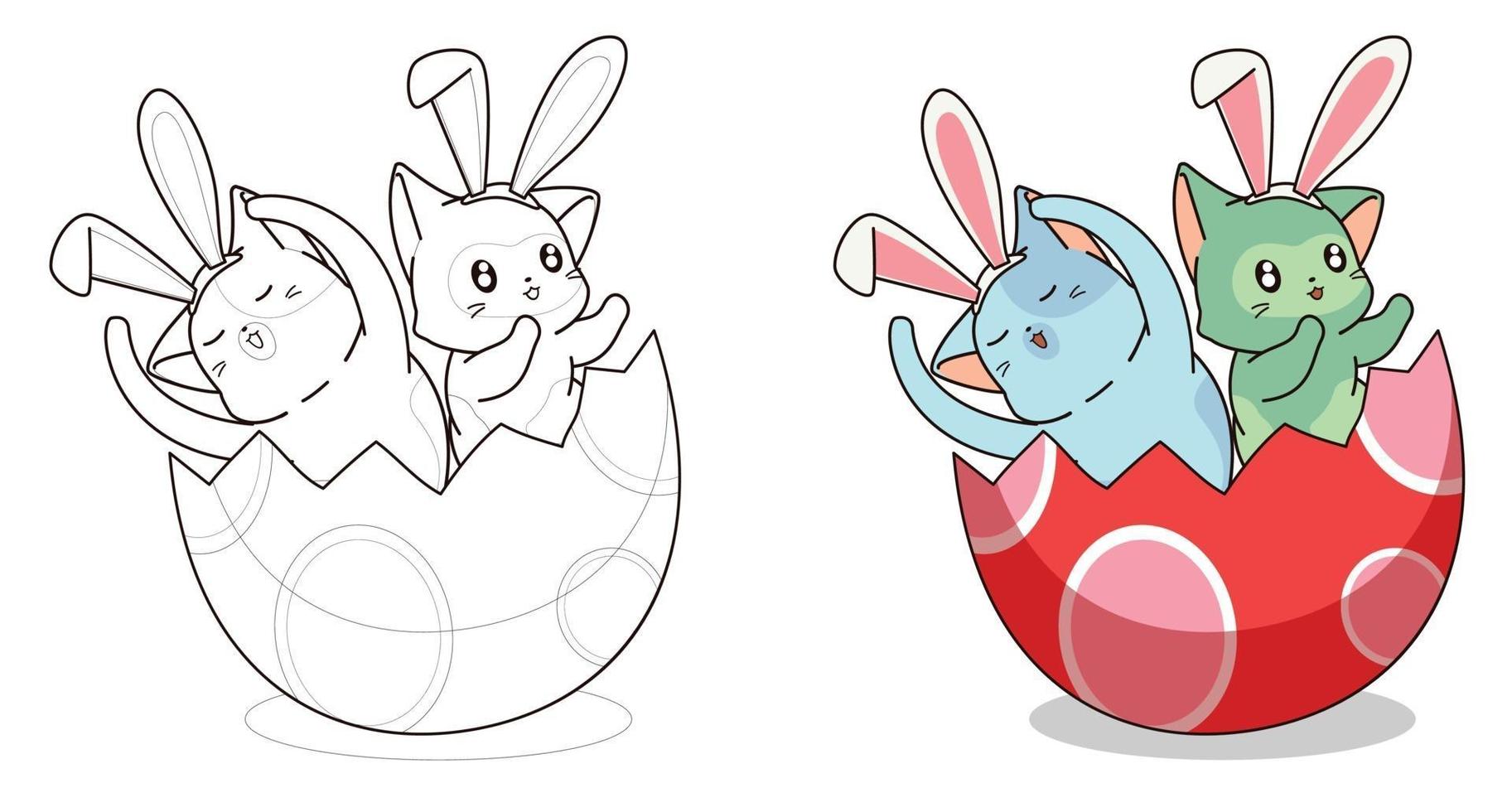 Two bunny cats in the egg cartoon easily coloring page for kids vector